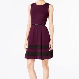 CALVIN KLEIN A-Line Sleeveless Dress Purple with Black Stripes Sz 12